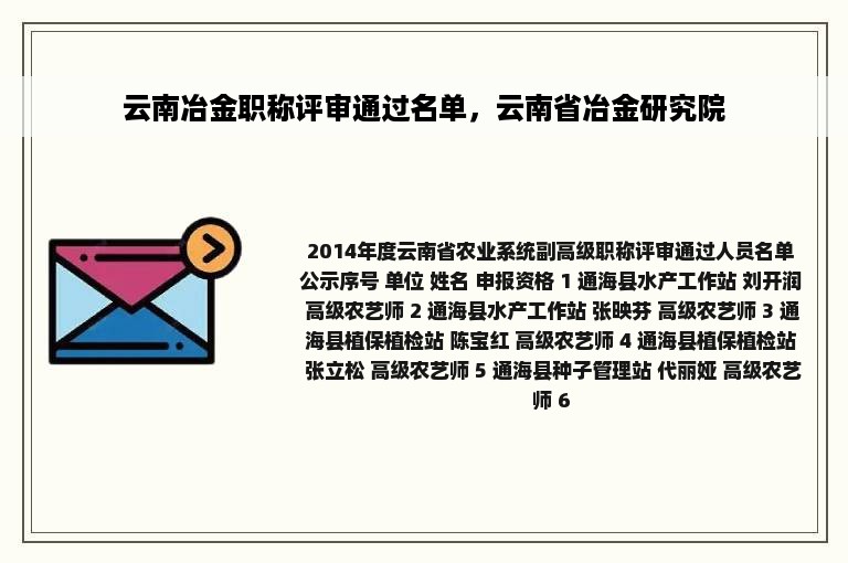 云南冶金职称评审通过名单，云南省冶金研究院