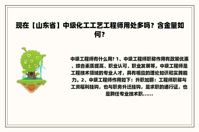 现在【山东省】中级化工工艺工程师用处多吗？含金量如何？