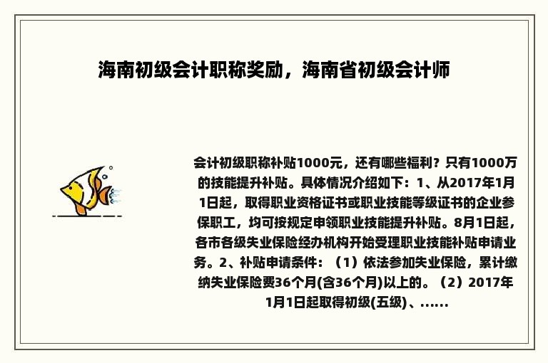 海南初级会计职称奖励，海南省初级会计师