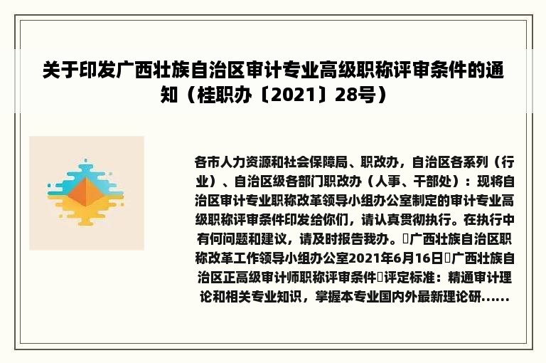 关于印发广西壮族自治区审计专业高级职称评审条件的通知（桂职办〔2021〕28号）