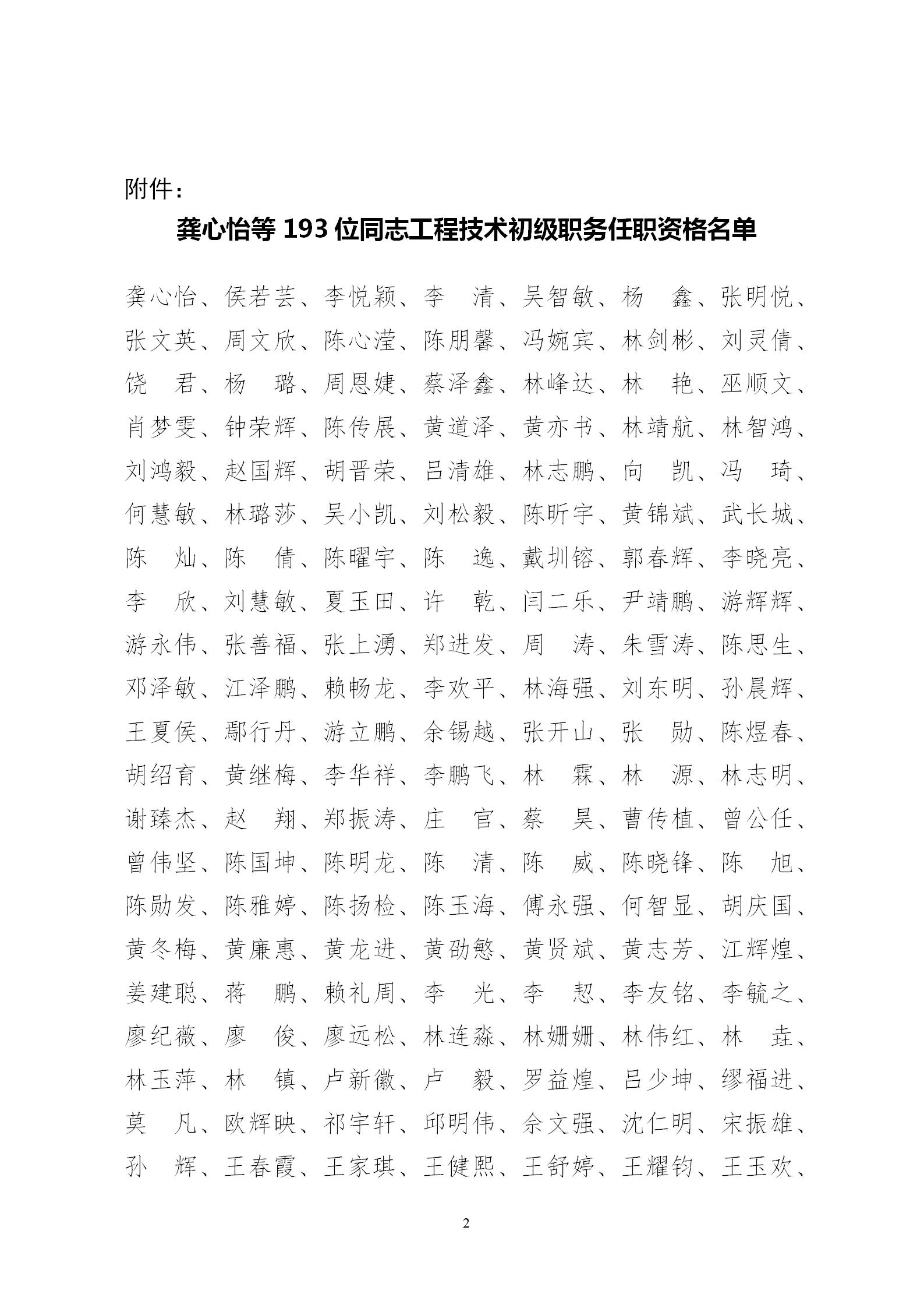 [福建省]关于批准确认龚心怡等193位同志初级专业技术职务任职资格的通知