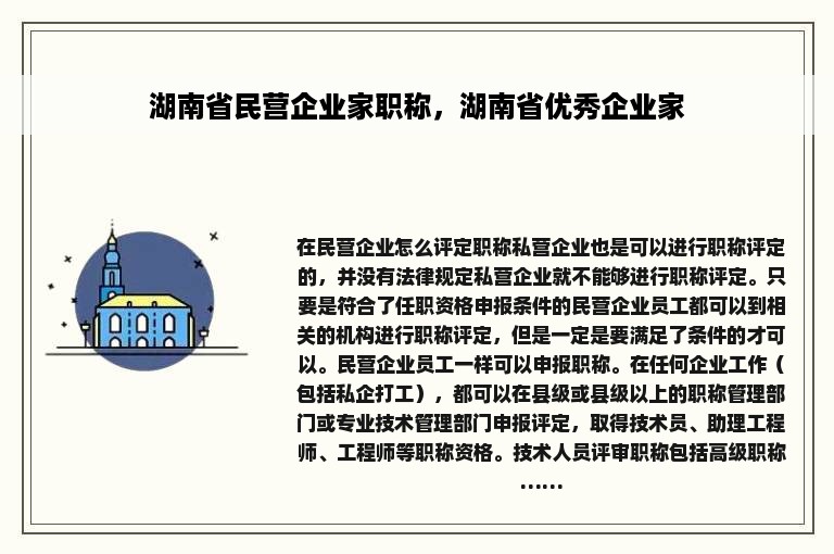 湖南省民营企业家职称，湖南省优秀企业家