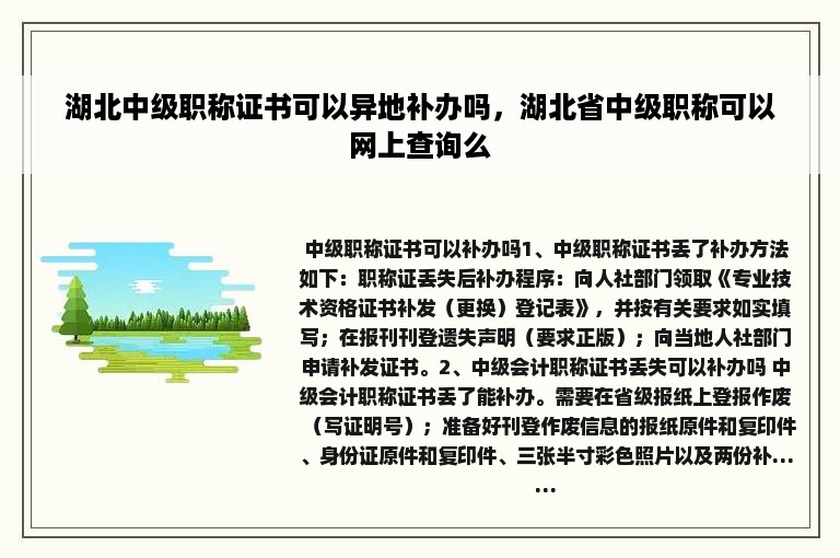 湖北中级职称证书可以异地补办吗，湖北省中级职称可以网上查询么